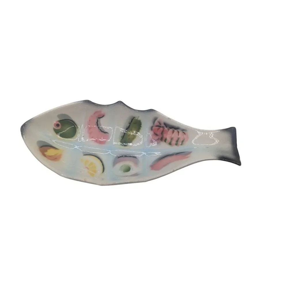 Hand-Painted Ceramic Fish-Shaped Divided Serving Dish With Vibrant Food Motifs